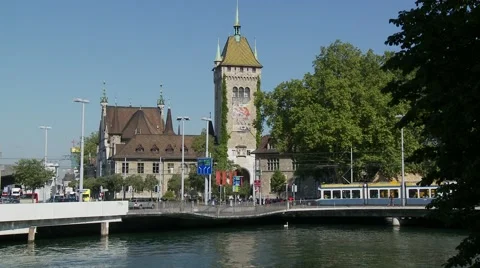 Blue tram crosses bridge Stock Footage 45983604