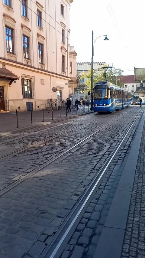 Blue tram route no. 72, one of stops in Old Town in Krakow. Stock Footage 291265627