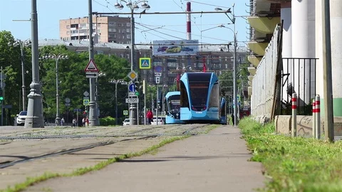 Blue trams in Moscow Stock Footage 97959719