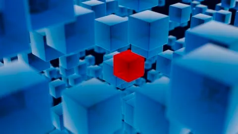 Blue Translucent Cubes with One Red Cube Background Stock Illustration