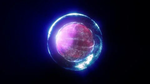 Blue transparent bubble orb with a pink particle swirl and neon glow on a d.. Stock Illustration