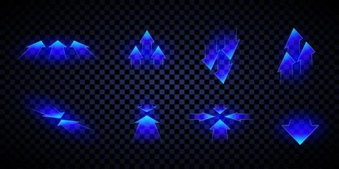 Blue transparent glowing arrows pack. 3D neon arrow pointers. Gaming and Illustrazione stock