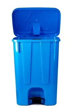 A blue trash bin isolated on white Stock Photos