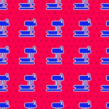 Blue Treadmill machine icon isolated seamless pattern on red background. Vector Stock Illustration