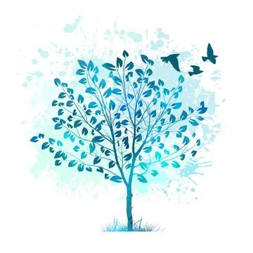 Blue tree with flying birds. Vector illustration Stock Illustration