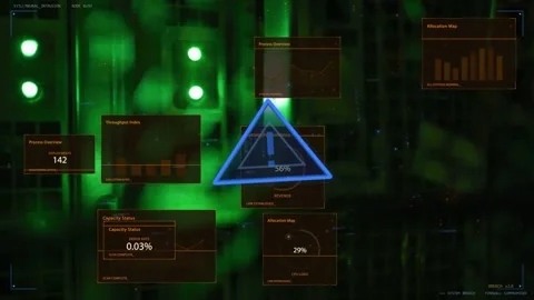 Blue triangle appearing, pulsing while HUD panels fading, stacking and aligning Stock Footage 335404154