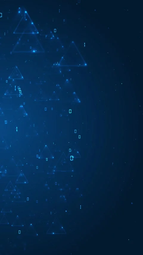 Blue triangle data particle glowing polygon shapes, binary marks, tiny dots, and Stock Footage 340569441