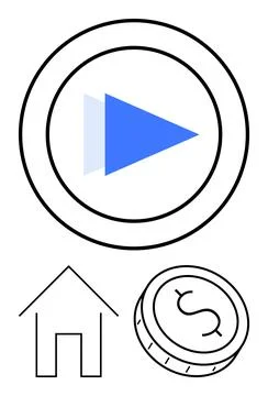 Blue Triangle Play Button with House and Coin Symbols Representing Start of.. Stock Illustration
