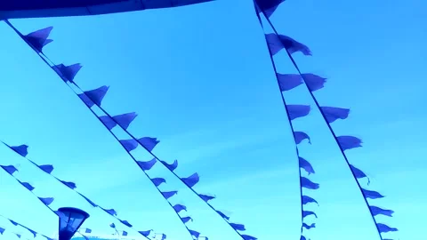 Blue triangular flags fluttering in the strong wind against the sky Stock Footage 310558923