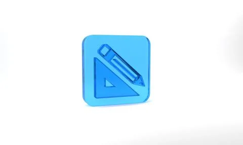 Blue Triangular ruler and pencil icon isolated on grey background. Straightedge Stock Illustration