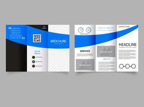 Blue trifold brochure for presentation. Vector empty trifold brochure print t Stock Illustration