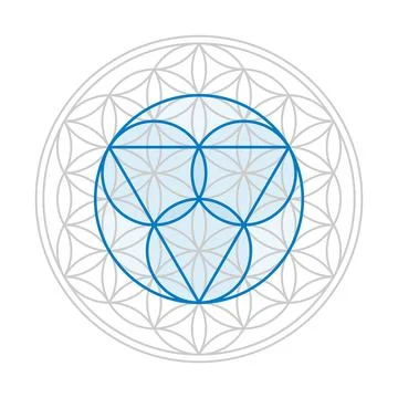 Blue trinity symbol over a gray Flower of Life, Sacred Geometry Ilustração Stock