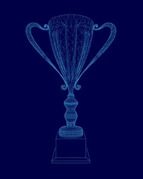 Blue trophy with a blue background. The trophy is in a 3D format. The trophy is Stock Illustration