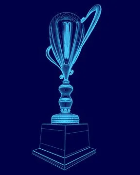 Blue trophy is shown in a blue background. The trophy is tall and has a blue Stock Illustration