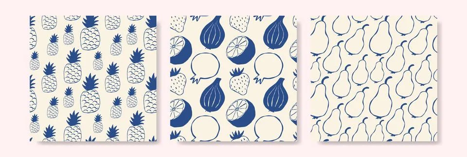 Blue tropical fruit patterns on cream backgrounds, great for design projects Illustrazione stock