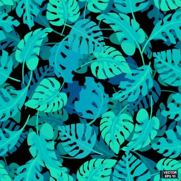 Blue tropical leaves, seamless pattern. Stockillustratie