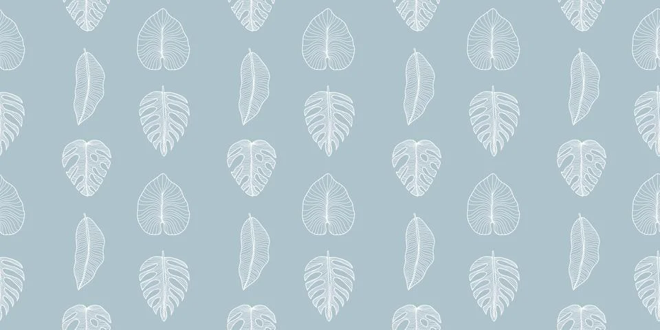 Blue tropical vector background with white palm leaves, monstera leaves Stock Illustration