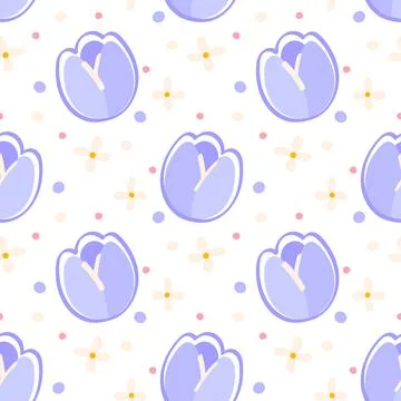 Blue Tulip Seamless Pattern with Small Flowers and Leaves Pastel Botanical .. Stock Illustration