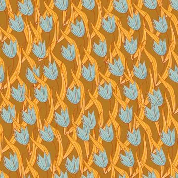 Blue tulips seamless vector pattern on yellow Stock Illustration