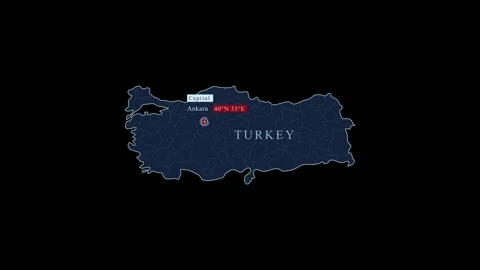 Blue Turkey map with Ankara capital city and geographic coordinates on Stock Footage 278508844