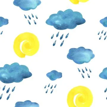 Blue, turquoise clouds with raindrops and yellow spiral sun. Watercolor Stock Illustration