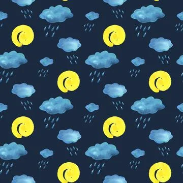 Blue, turquoise clouds with raindrops and yellow spiral sun. Watercolor Stock Illustration