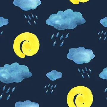 Blue, turquoise clouds with raindrops and yellow spiral sun. Watercolor Stock Illustration