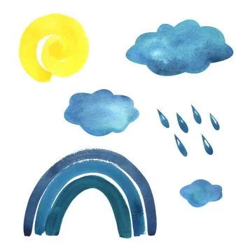 Blue, turquoise rainbow, clouds with raindrops and yellow spiral sun. Watercolor Stock Illustration