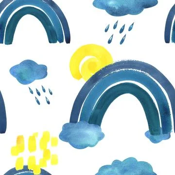 Blue, turquoise rainbow, clouds with raindrops and yellow spiral sun. Watercolor Stock Illustration