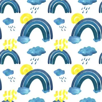 Blue, turquoise rainbow, clouds with raindrops and yellow spiral sun. Watercolor Illustrazione stock