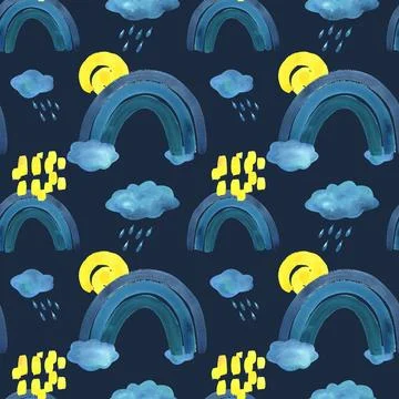 Blue, turquoise rainbow, clouds with raindrops and yellow spiral sun. Watercolor Illustrazione stock