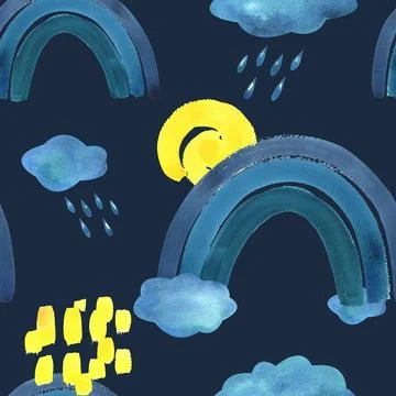 Blue, turquoise rainbow, clouds with raindrops and yellow spiral sun. Watercolor Illustrazione stock