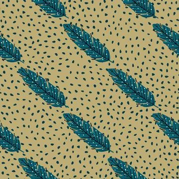 Blue turquoise seamless pattern with hand drawn leaf elements. Beige dotted b Stock Illustration