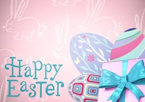Blue type and pink gift and purple eggs against pink easter pattern Stock Illustration