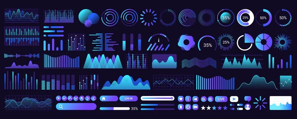 Blue UI dashboard elements, infographic graph, data charts, futuristic control Illustrazione stock
