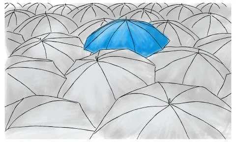 Blue umbrella in the grey umbrellas - pattern Illustrazione stock