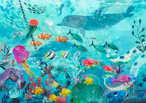 Blue underwater background with fish Stock Illustration