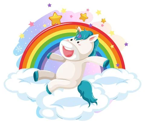 Blue unicorn jumping on a cloud with rainbow Stock Illustration