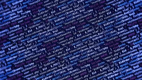 Blue unique background. Programming language on laptop computer screen. Progr Foto stock