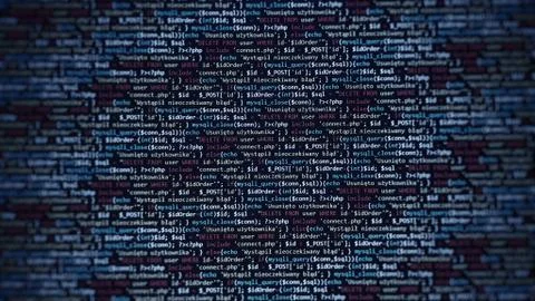 Blue unique background. Programming language on laptop computer screen. Progr Stock Photos