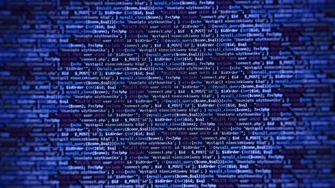 Blue unique background. Programming language on laptop computer screen. Progr Stock Photos
