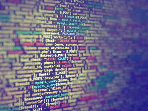 Blue unique background. Programming PHP on laptop computer screen. Program co Stock Photos