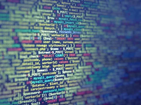 Blue unique background. Programming PHP on laptop computer screen. Program co 库存照片