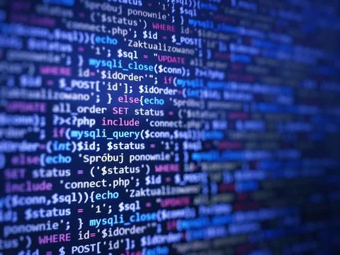 Blue unique background. Programming PHP on laptop computer screen. Program co Stock-Fotos