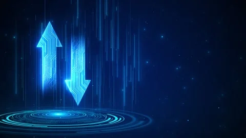Blue upload download arrows background glowing circuit shapes, vertical light Stock Footage 334062769