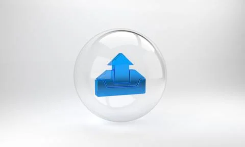 Blue Upload inbox icon isolated on grey background. Glass circle button. 3D r Stockillustratie