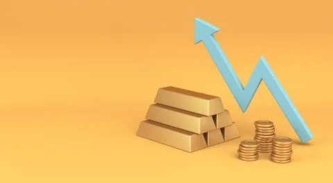 Blue uptrend chart with gold bars and money 3D Illustrazione stock
