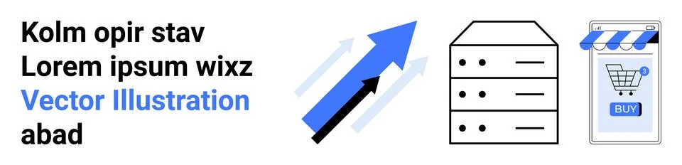 Blue upward arrow, server stack, and smartphone with shopping cart. Ideal for イラスト素材