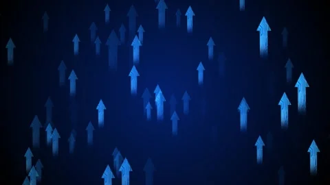 Blue upward circuit arrow background glowing tech symbols, dark gradient space Stock Footage 334062189