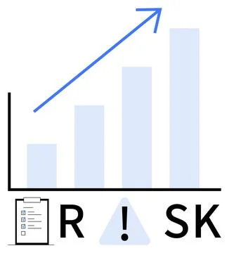 Blue upward trending bar graph with a rising arrow, the word RISK with an exc Illustrazione stock